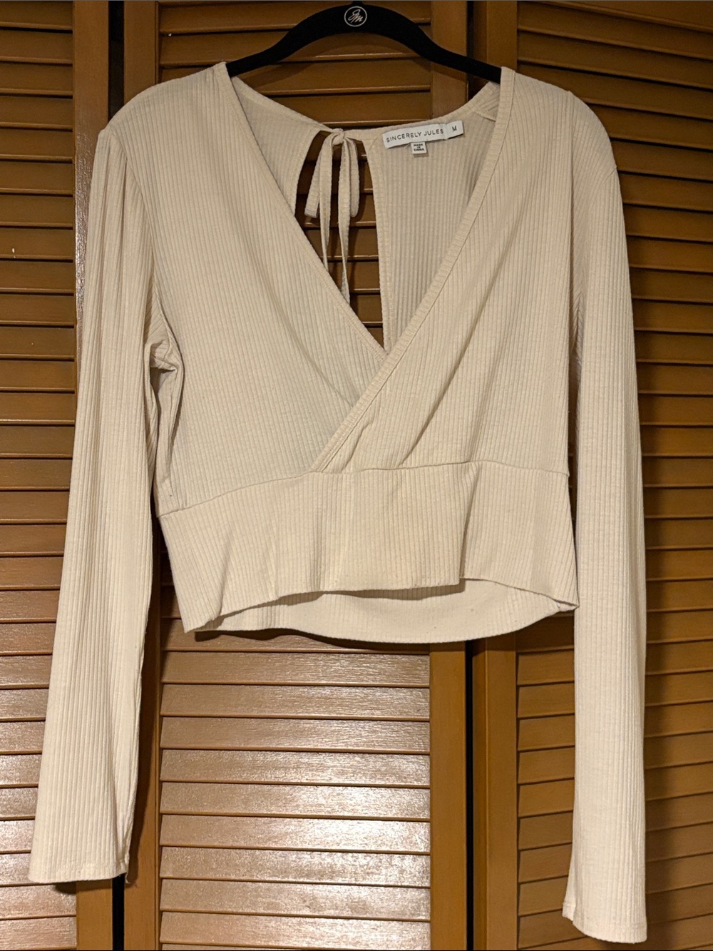 Sincerly Jules Cream Ribbed Wrap Tie-Back Long Sleeve Top